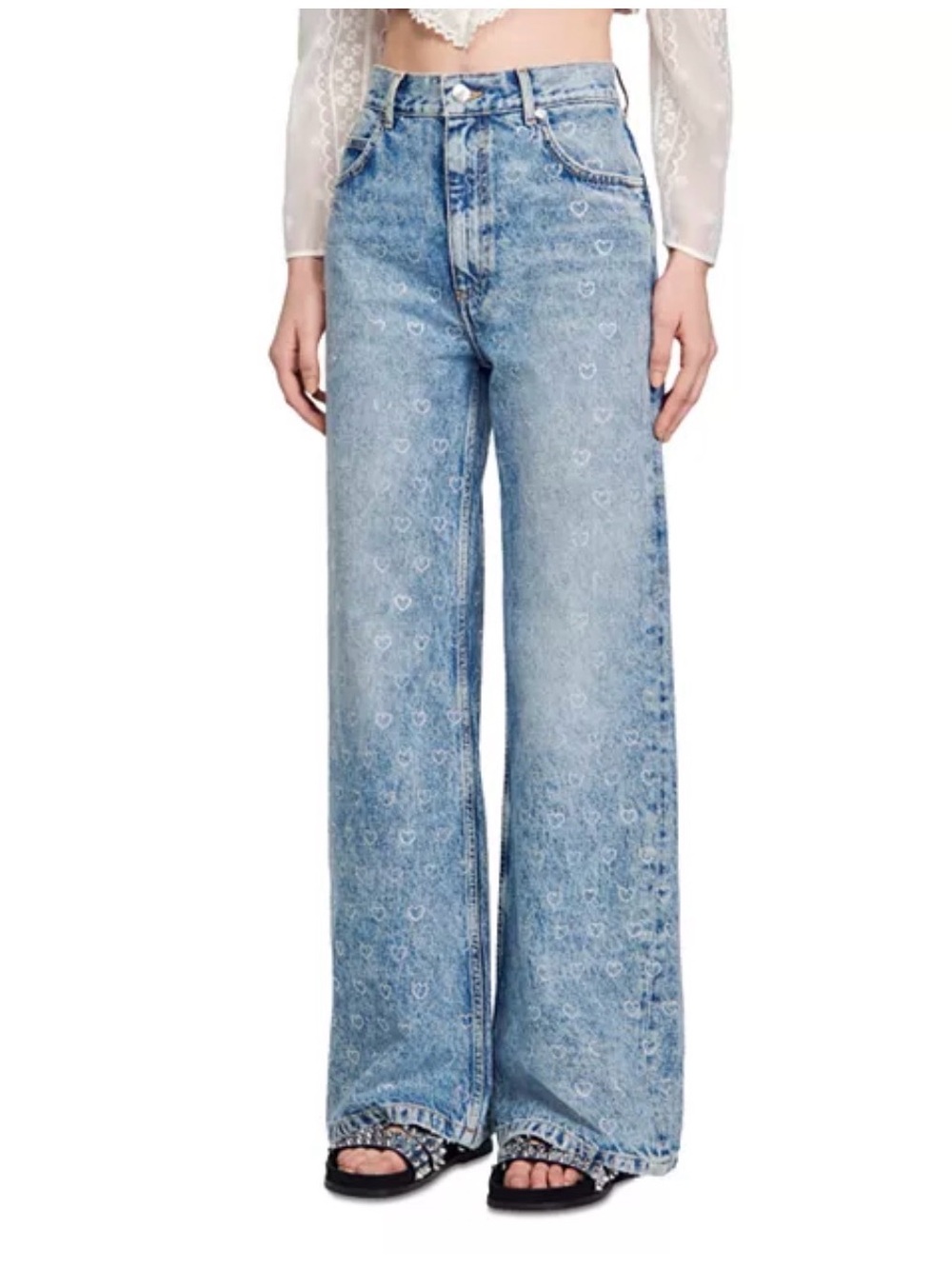 Sandro Light Blue High-Rise Wide-Leg Jeans with White Heart Print